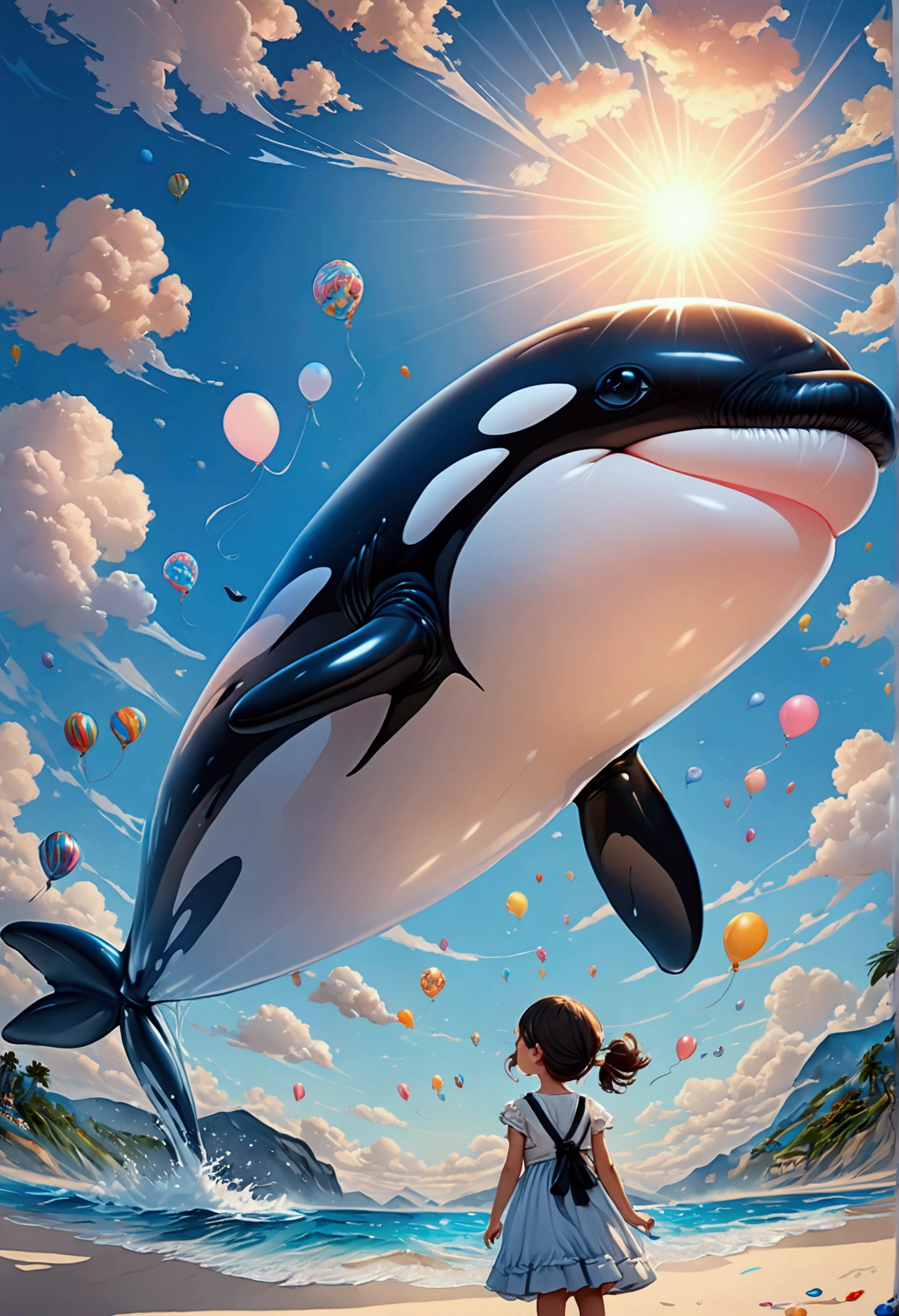 una pintura digital de un globo en forma de orca sostenida por una linda niña de jardín de infantes, alto contraste, (obra maestra:1.5), de la máxima calidad, Mejor estetica), arte de fantasía 16k, mejores detalles, mejor calidad, alta resolución, (Ultra gran angular: 1.2), 16k, [ultra detallado], obra maestra, mejor calidad, (extremadamente detallado), cielo mágico, pintura digital