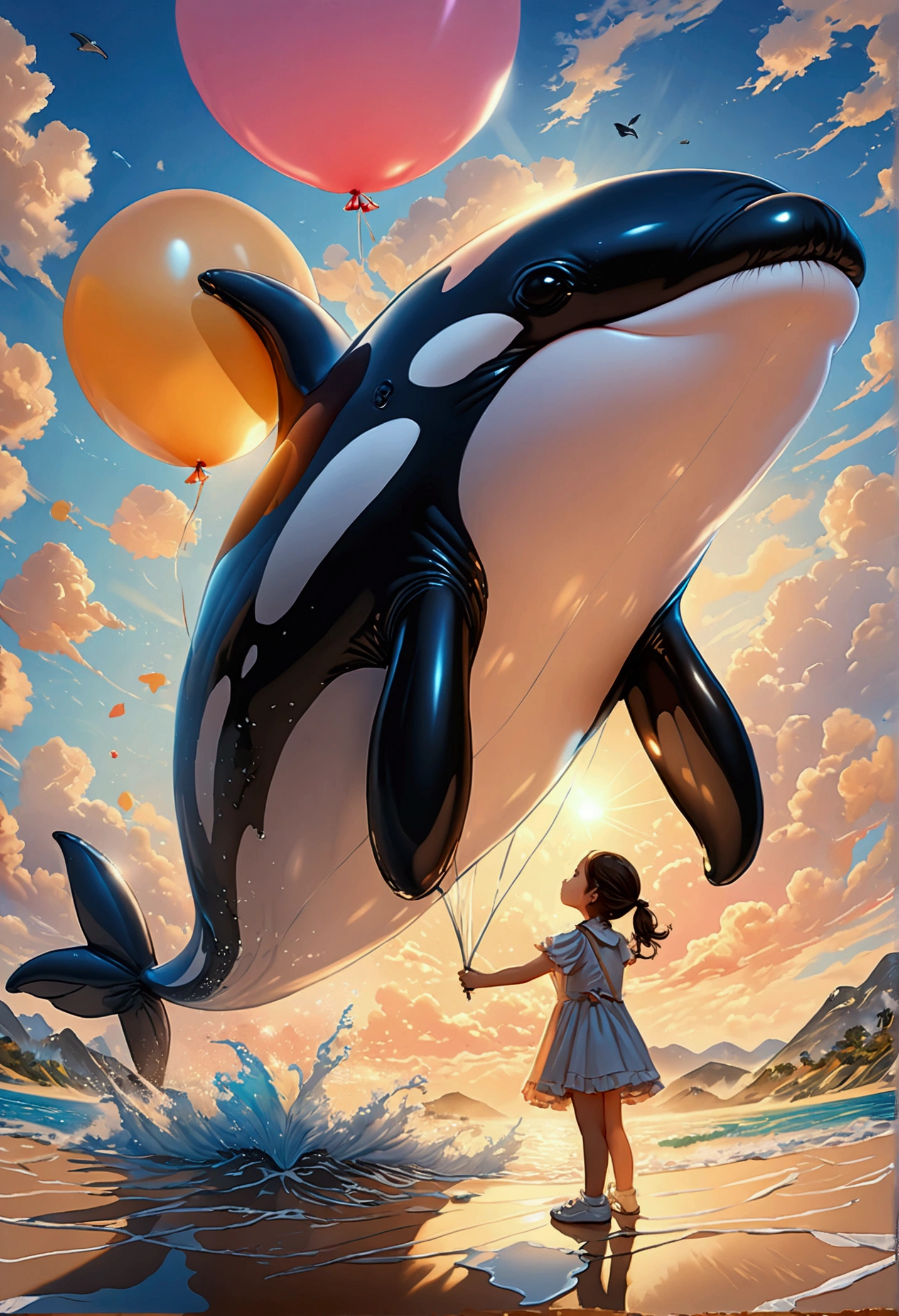 una pintura digital de un globo en forma de orca sostenida por una linda niña de jardín de infantes, alto contraste, (obra maestra:1.5), de la máxima calidad, Mejor estetica), arte de fantasía 16k, mejores detalles, mejor calidad, alta resolución, (Ultra gran angular: 1.2), 16k, [ultra detallado], obra maestra, mejor calidad, (extremadamente detallado), cielo mágico, pintura digital