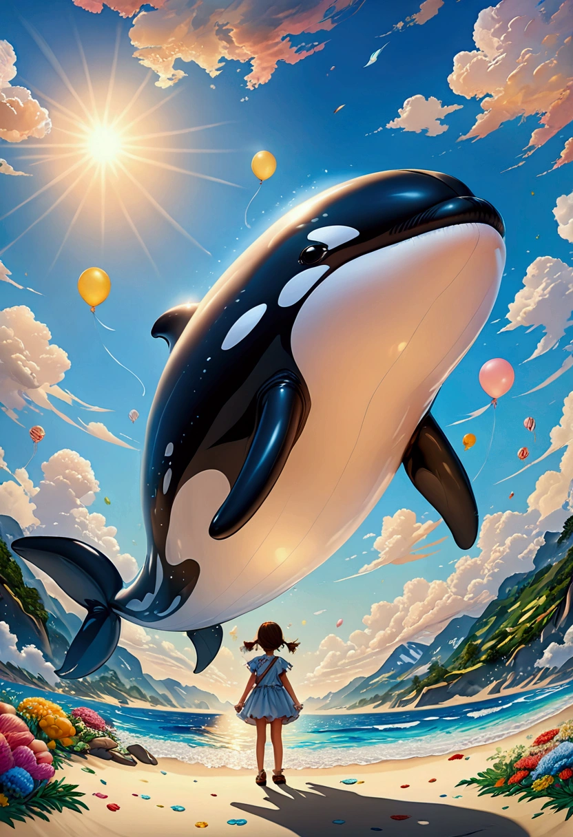 una pintura digital de un globo en forma de orca sostenida por una linda niña de jardín de infantes, alto contraste, (obra maestra:1.5), de la máxima calidad, Mejor estetica), arte de fantasía 16k, mejores detalles, mejor calidad, alta resolución, (Ultra gran angular: 1.2), 16k, [ultra detallado], obra maestra, mejor calidad, (extremadamente detallado), cielo mágico, pintura digital