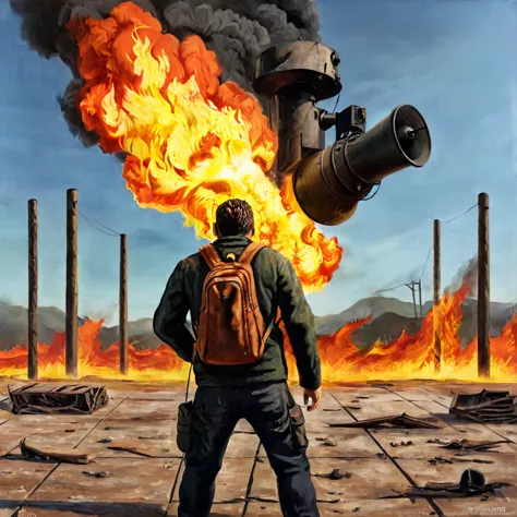 A man on fire made of fire with his back to the camera in a post-apocalyptic setting, floating loudspeakers, CGI style, close-up...