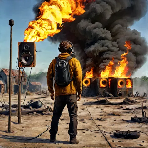 A man on fire made of fire with his back to the camera in a post-apocalyptic setting, floating loudspeakers, CGI style, close-up...