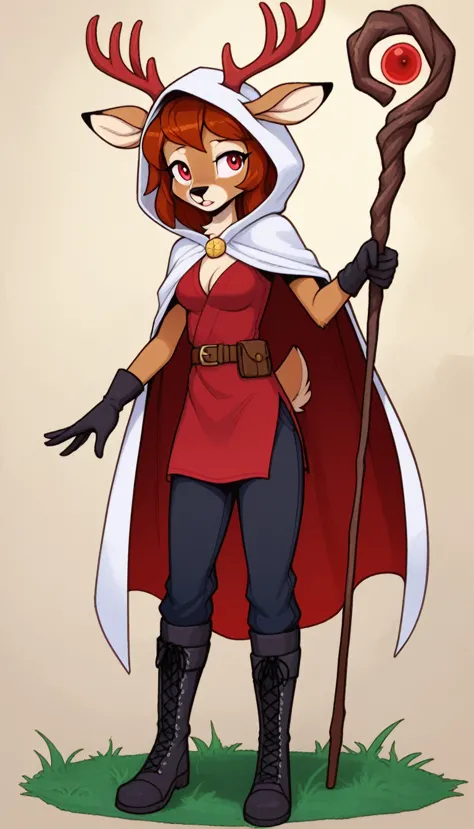 solo female, furry, deer, right eye blue, left eye red eyes, auburn hair, deer long trophies, white hooded cloak, dark red tunic...