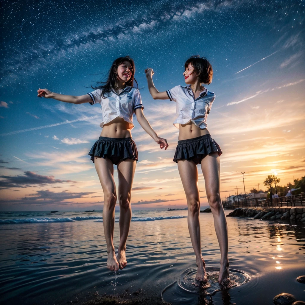  Masterpiece of ProfessionalPhoto ((ExtremelyDetailed (12 PICHIPICHI KAWAII Girls Floating in The Air in a row:1.37) in WHITE at Dusk Enoshima Beach)), {(Standing Full Body:1.2)|(from below:1.2)|Detailed KAWAII face}, Different types of hair colors, {(skinny(school swimwear))|(SchoolUniform)with Skinny AthleticShorts}, {(Corrected Childish hand)|Hidden hand|Different types of breasts|(Clearly Visible the shape of Butt)}, Joyful Expressions LifeLike Rendering, Detailed clothing texture, PerfectLighting, (Dazzling Horizon Visible through ThighGap), (Starry IridescentParticles:1.22) ColorfulClouds