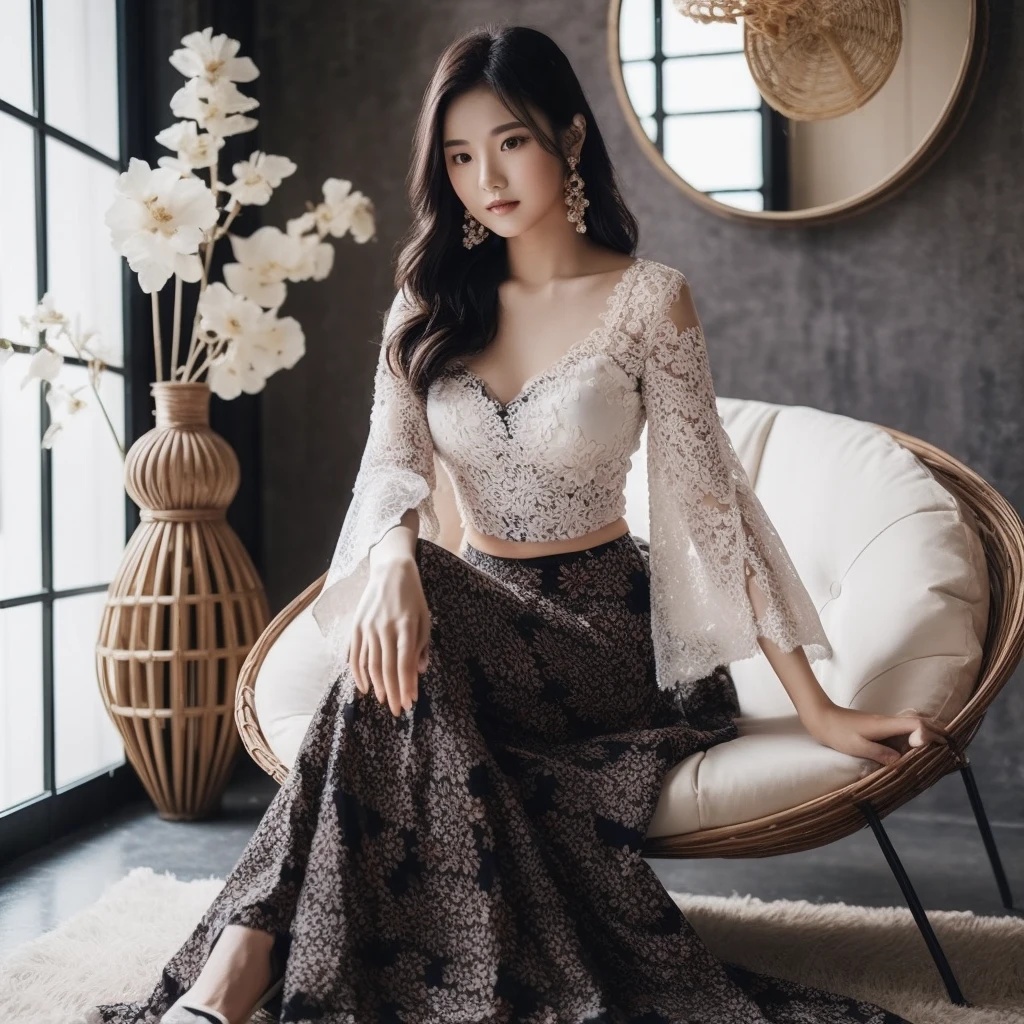 A beautiful Korean woman aged 20 years, wearing a long Balinese kebaya, White, wearing a black floral patterned skirt, sitting gracefully on a round couch, photo style, background, photo studio, very detailed 8k 