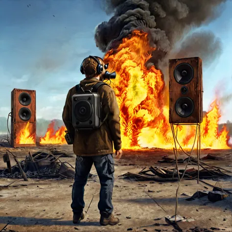 A man fire made of fire with his back to the camera in a post-apocalyptic setting, floating loudspeakers, CGI style, close-up, r...