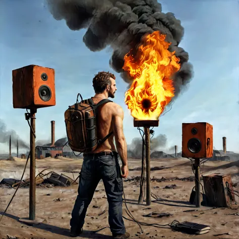 A man fire made of fire with his back to the camera in a post-apocalyptic setting, floating loudspeakers, CGI style, close-up, r...