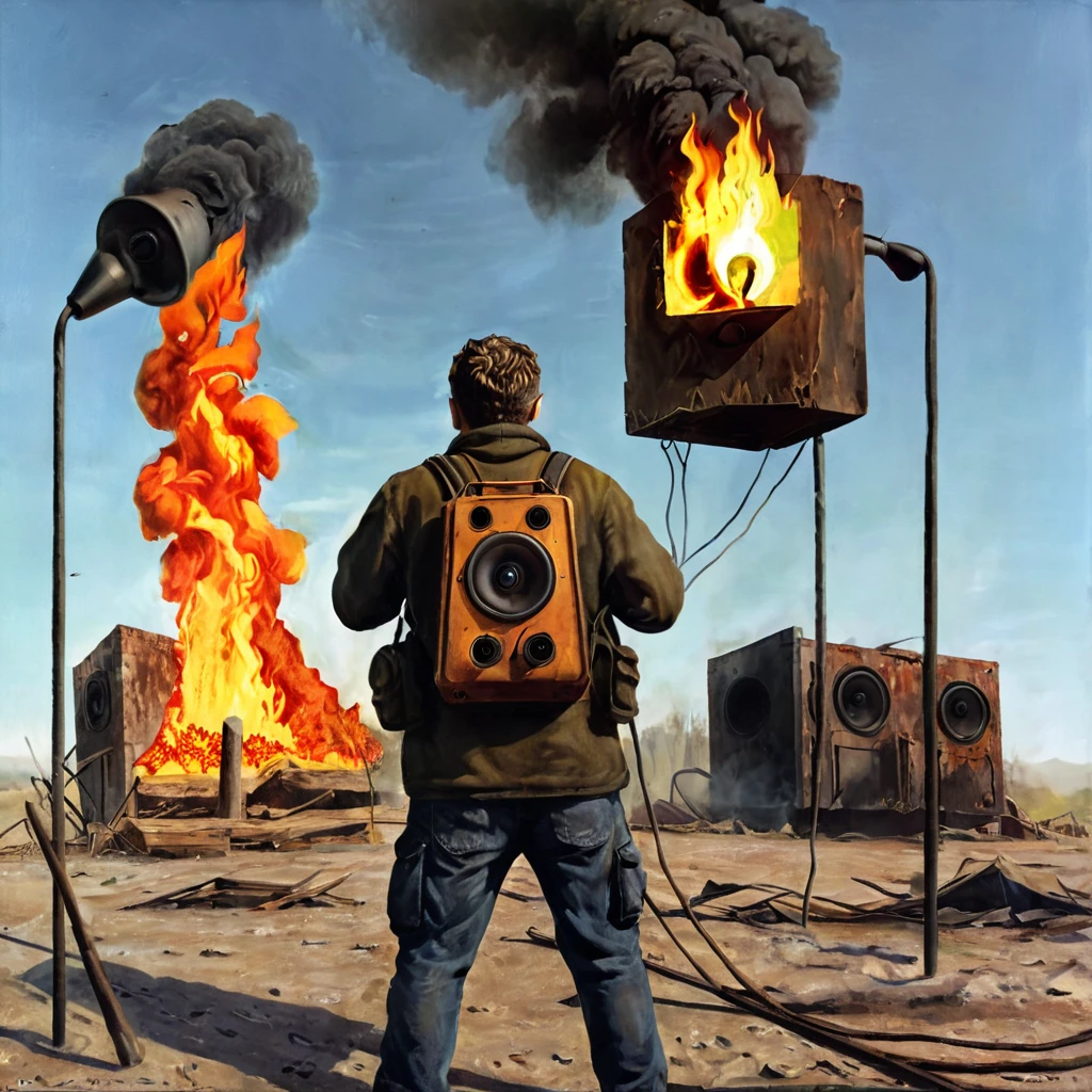 A man fire made of fire with his back to the camera in a post-apocalyptic setting, floating loudspeakers, CGI style, close-up, realistic