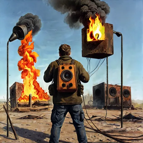 A man fire made of fire with his back to the camera in a post-apocalyptic setting, floating loudspeakers, CGI style, close-up, r...