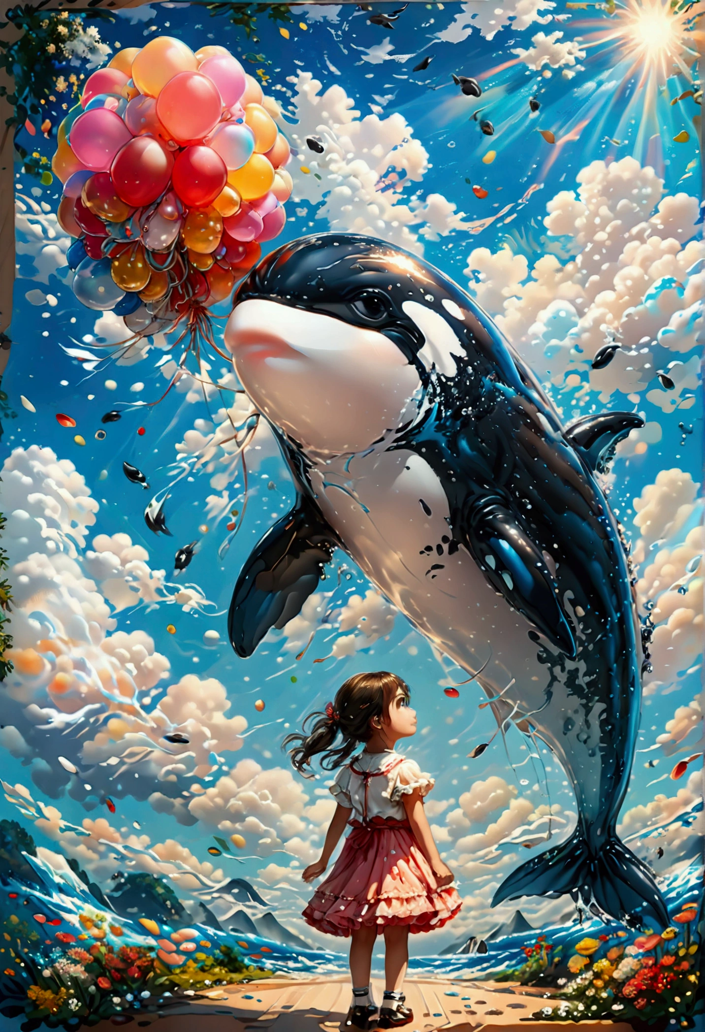 una pintura digital de un globo en forma de orca sostenida por una linda niña de jardín de infantes, alto contraste, (obra maestra:1.5), de la máxima calidad, Mejor estetica), arte de fantasía 16k, mejores detalles, mejor calidad, alta resolución, (Ultra gran angular: 1.2), 16k, [ultra detallado], obra maestra, mejor calidad, (extremadamente detallado), cielo mágico, pintura digital