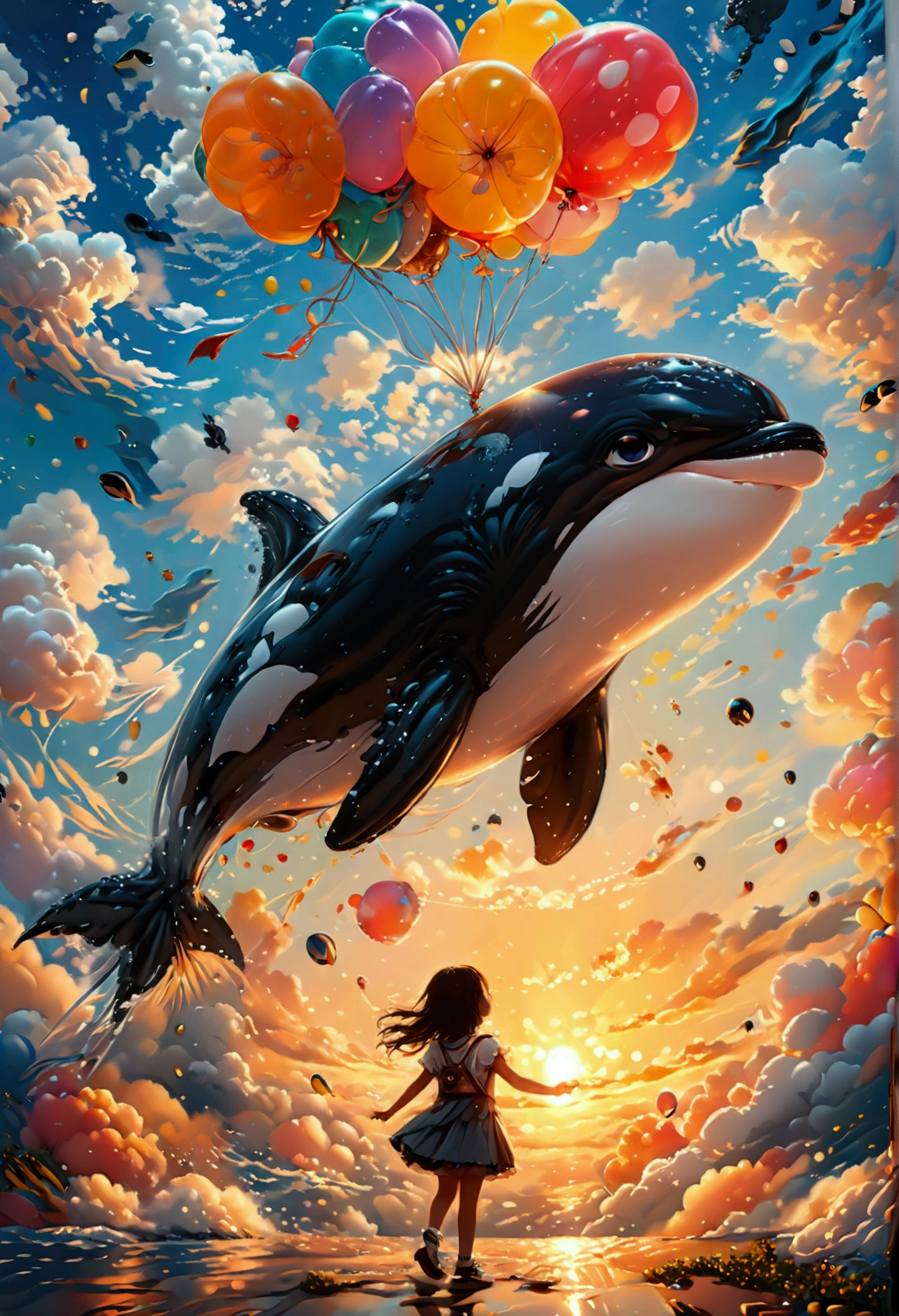 una pintura digital de un globo en forma de orca sostenida por una linda niña de jardín de infantes, alto contraste, (obra maestra:1.5), de la máxima calidad, Mejor estetica), arte de fantasía 16k, mejores detalles, mejor calidad, alta resolución, (Ultra gran angular: 1.2), 16k, [ultra detallado], obra maestra, mejor calidad, (extremadamente detallado), cielo mágico, pintura digital