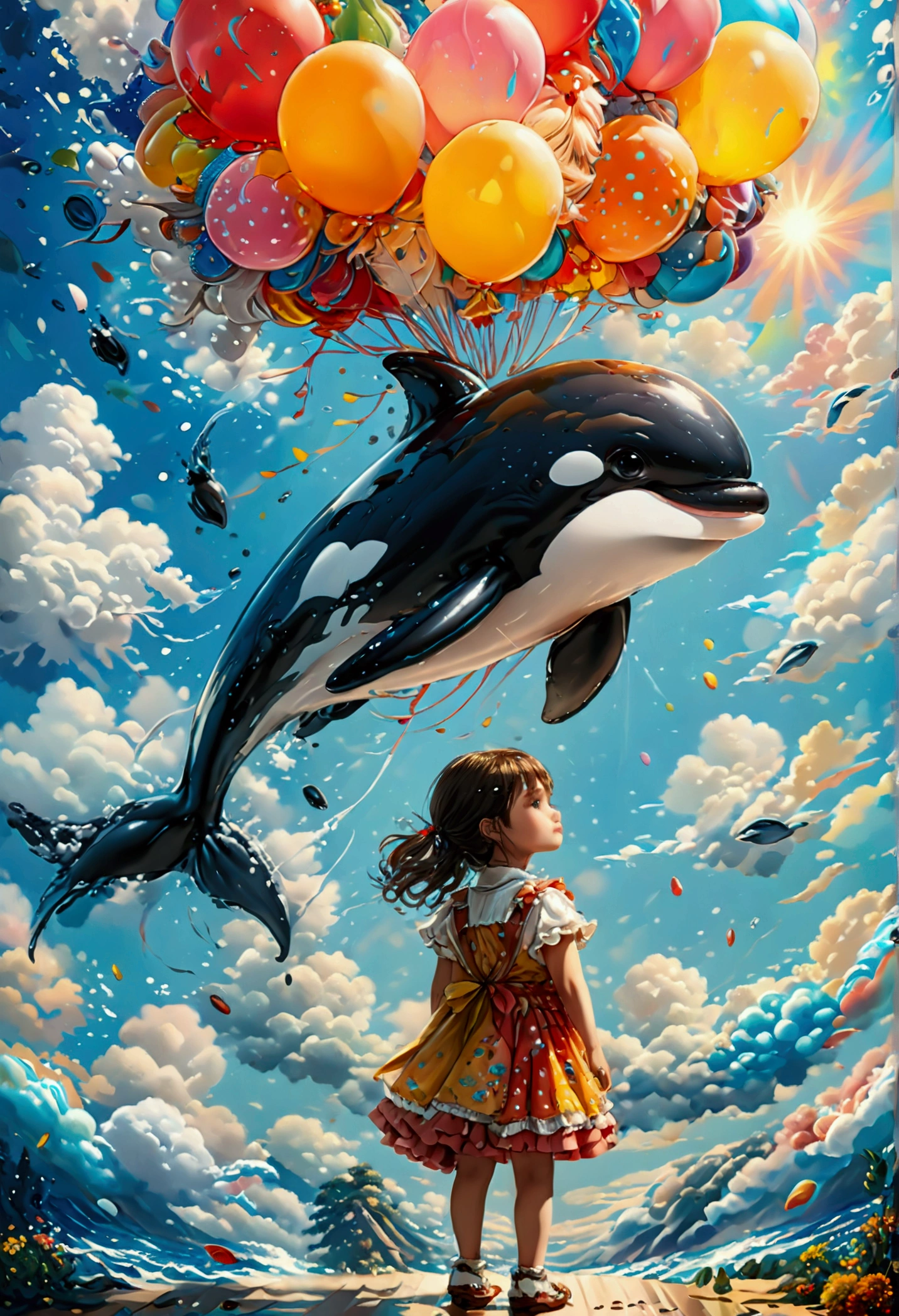 una pintura digital de un globo en forma de orca sostenida por una linda niña de jardín de infantes, alto contraste, (obra maestra:1.5), de la máxima calidad, Mejor estetica), arte de fantasía 16k, mejores detalles, mejor calidad, alta resolución, (Ultra gran angular: 1.2), 16k, [ultra detallado], obra maestra, mejor calidad, (extremadamente detallado), cielo mágico, pintura digital