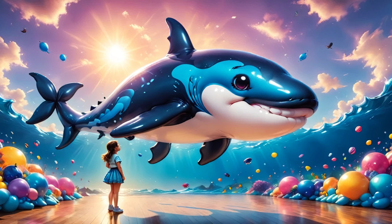 una pintura digital de  (globo con forma de asesino) ballena ((sostenido por una linda niña de jardín de infantes)), alto contraste, (obra maestra:1.5), de la máxima calidad, Mejor estetica), arte de fantasía 16k, mejores detalles, mejor calidad, alta resolución, (Ultra gran angular: 1.2), 16k, [ultra detallado], obra maestra, mejor calidad, (extremadamente detallado), cielo mágico, pintura digital, globoz