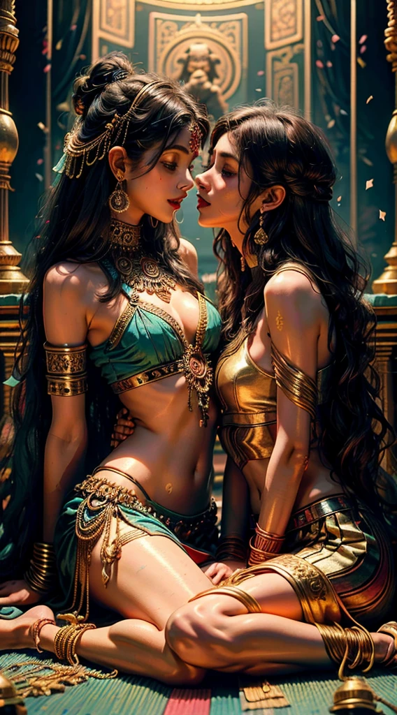 2 young and skinny indian girls kissing, using tipical clothes and accessories, having sex in a temple, mandalas and Ganesha statues in the background