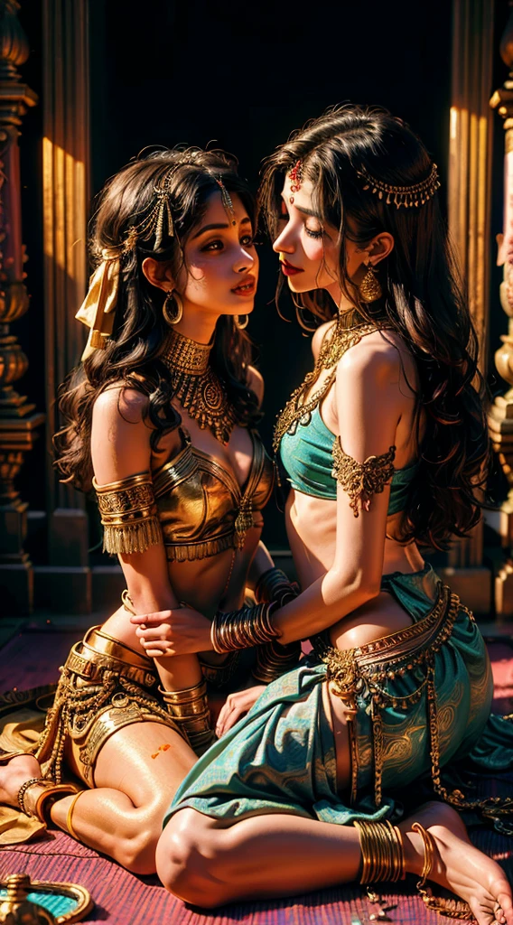 2 young and skinny indian girls kissing, using tipical clothes and accessories, having sex in a temple, mandalas and Ganesha statues in the background