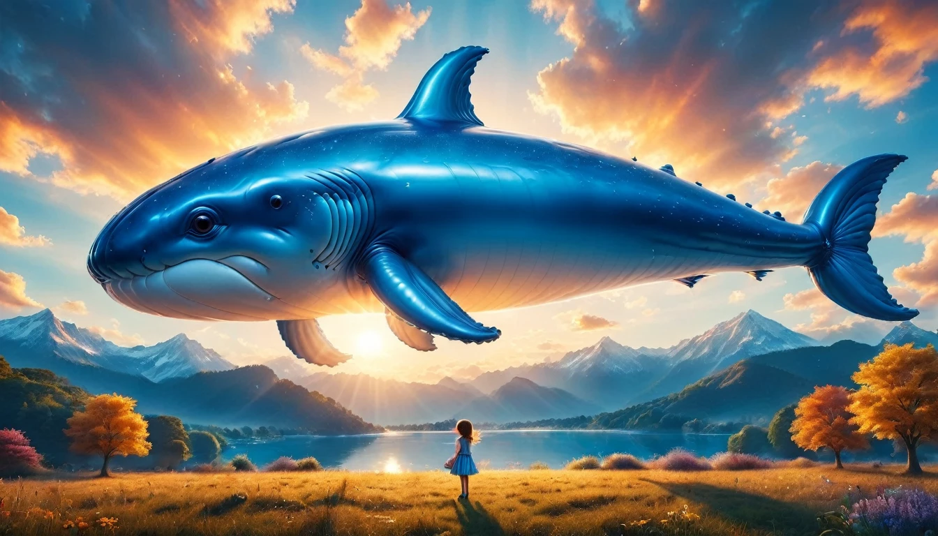 una pintura digital de  (un globo con forma de ballena azul) ((sostenido por una linda niña de jardín de infantes)), alto contraste, (obra maestra:1.5), de la máxima calidad, Mejor estetica), arte de fantasía 16k, mejores detalles, mejor calidad, alta resolución, (Ultra gran angular: 1.2), 16k, [ultra detallado], obra maestra, mejor calidad, (extremadamente detallado), cielo mágico, pintura digital, globoz