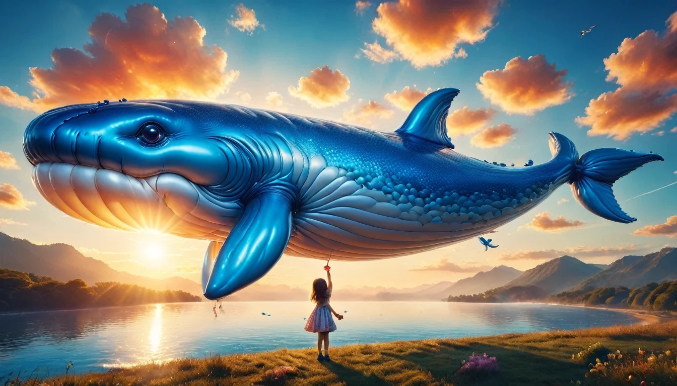 a digital paining of  (balloon in the shape of blue whale) ((being held by a cute kindergarten girl)), High Contrast, (masterpiece:1.5), highest quality, Best aesthetics), 16K fantasy art, best details, best quality, highres, (ultra wide angle: 1.2), 16k, [ultra detailed], masterpiece, best quality, (extremely detailed), magical sky, digital painting, balloonz