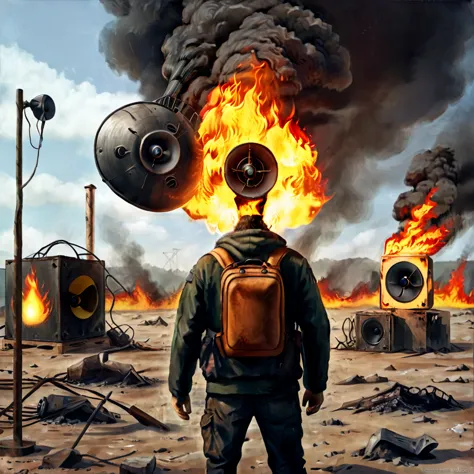 A man fire made of fire with his back to the camera in a post-apocalyptic setting, floating loudspeakers, CGI style, close-up, r...