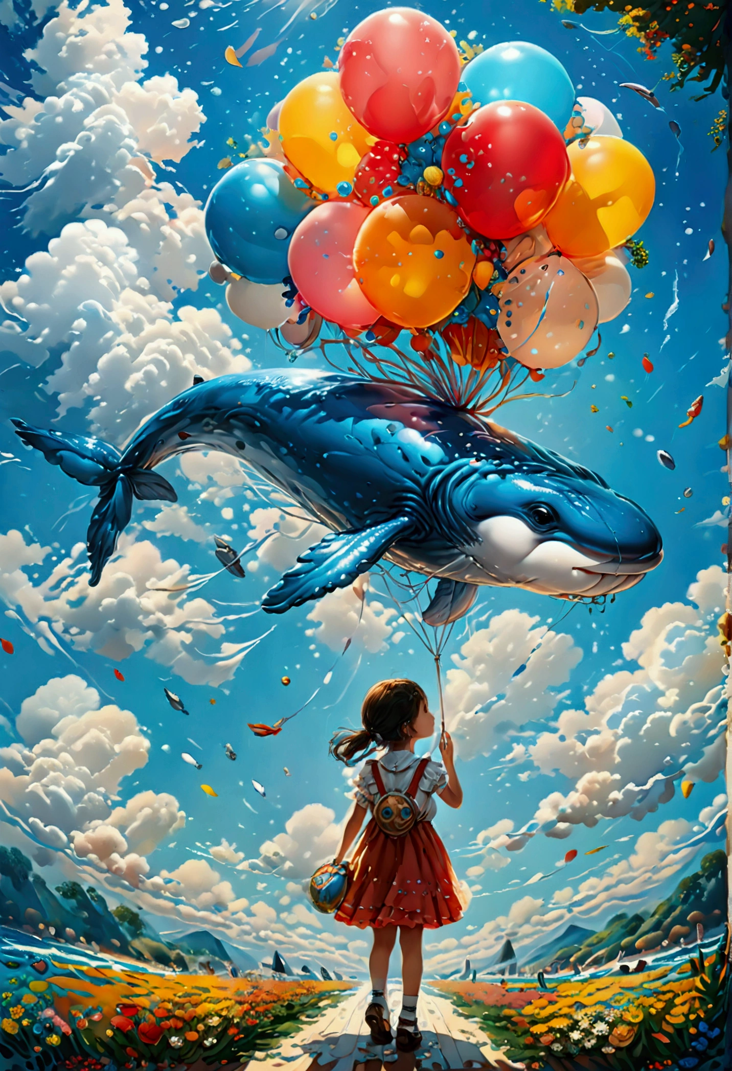 ein digitales Gemälde eines Ballons in Form eines blauen Wals, der von einem niedlichen Kindergartenmädchen gehalten wird, Hoher Kontrast, (Meisterwerk:1.5), höchste Qualität, Beste Ästhetik), 16k Fantasy-Kunst, beste Details, beste Qualität, highres, (Ultraweitwinkel: 1.2), 16k, [Extrem detailliert], Meisterwerk, beste Qualität, (Extrem detailliert), magischer Himmel, digitale Zeichnung