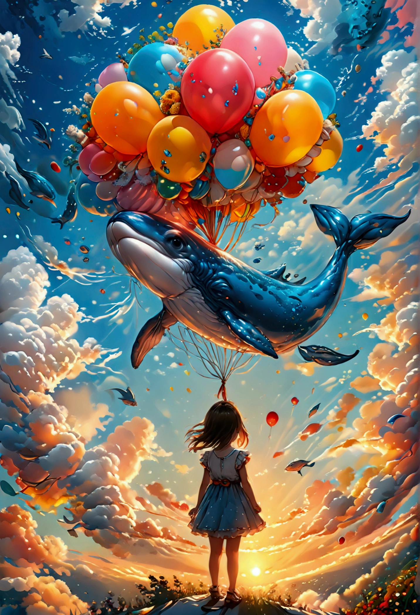 a digital paining of  balloon in the shape of blue whale being held by cute kindergarten girl, High Contrast, (masterpiece:1.5), highest quality, Best aesthetics), 16K fantasy art, best details, best quality, highres, (ultra wide angle: 1.2), 16k, [ultra detailed], masterpiece, best quality, (extremely detailed), magical sky, digital painting