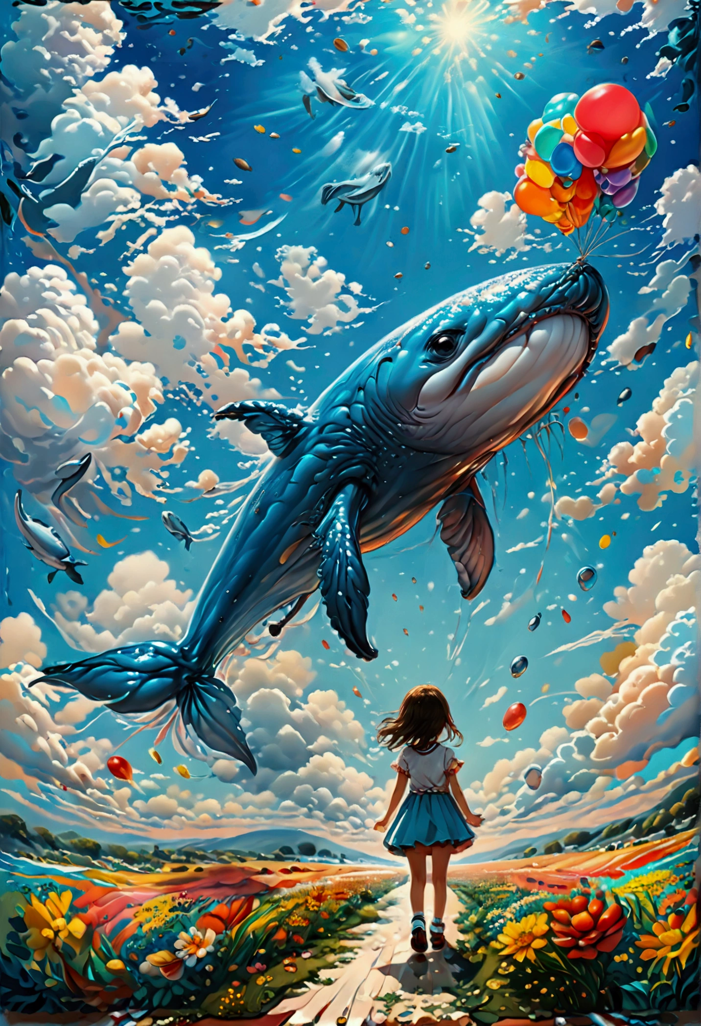 a digital paining of  balloon in the shape of blue whale being held by cute kindergarten girl, High Contrast, (masterpiece:1.5), highest quality, Best aesthetics), 16K fantasy art, best details, best quality, highres, (ultra wide angle: 1.2), 16k, [ultra detailed], masterpiece, best quality, (extremely detailed), magical sky, digital painting