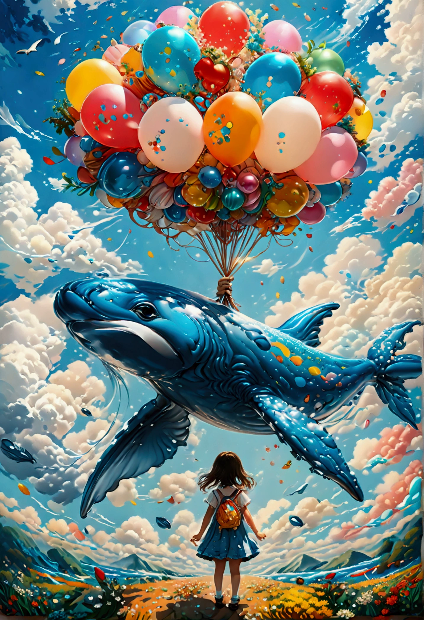 ein digitales Gemälde eines Ballons in Form eines blauen Wals, der von einem niedlichen Kindergartenmädchen gehalten wird, Hoher Kontrast, (Meisterwerk:1.5), höchste Qualität, Beste Ästhetik), 16k Fantasy-Kunst, beste Details, beste Qualität, highres, (Ultraweitwinkel: 1.2), 16k, [Extrem detailliert], Meisterwerk, beste Qualität, (Extrem detailliert), magischer Himmel, digitale Zeichnung