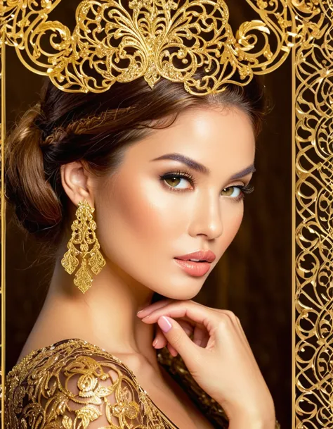 a glamorous woman with a sultry look and a touch of sparkle on her cheek, surrounded by ornate golden filigree designs.