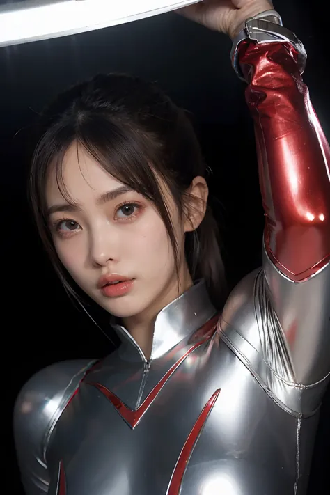 ultraman、realistic、realistic、cinematic lighting, girl in a shiny red and silver suit、15 years old、professional photos、don&#39;do...