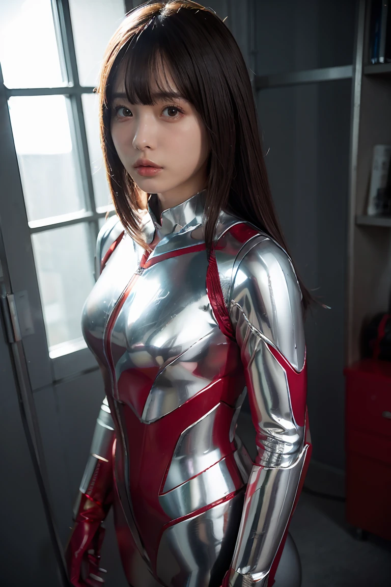 Ultraman、realistic、realistic、cinematic lighting, Girl in a shiny red and silver suit、15 years old、professional photos、Don&#39;Do not expose your skin, japanese model, japanese cgi、Ultraman Suit、, Power Rangers Suit、tight and thin cyber suit,Whole body rubbery、There&#39;s pink There、 delicate body, big breasts、small ass、thin thighs、thin arms、thin waist、camel toe、Both sides of the cyber suit stick to the skin、Big eyes、black short hair、facing the front、facing the front立っている、A glowing sphere is embedded in the chest.、Essay Examination、 blue sky background