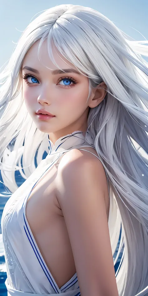 best quality, masterpiece,white hair, blue eyes, upper body,gorgeous background,1girl, flowing hair