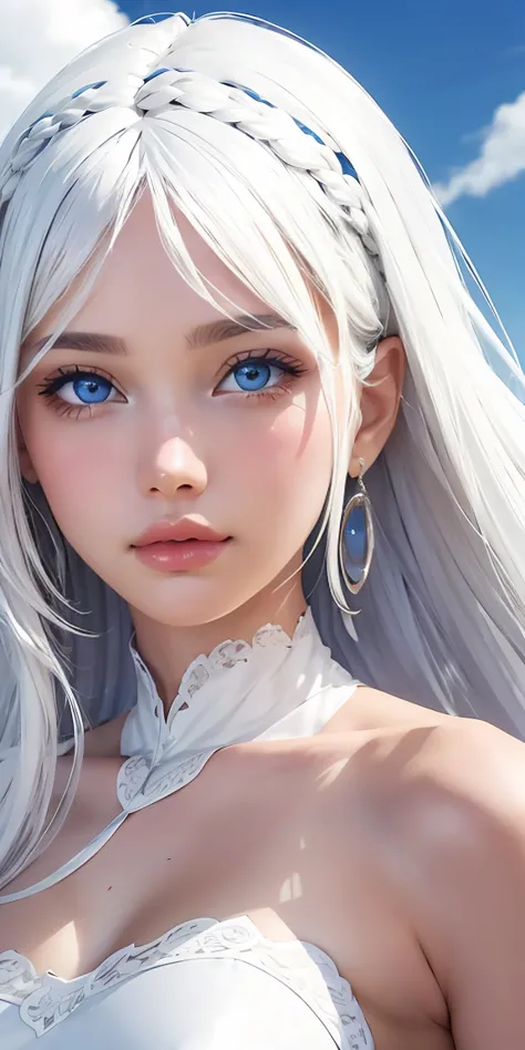 best quality, masterpiece,white hair, blue eyes, upper body,gorgeous background,1girl, flowing hair