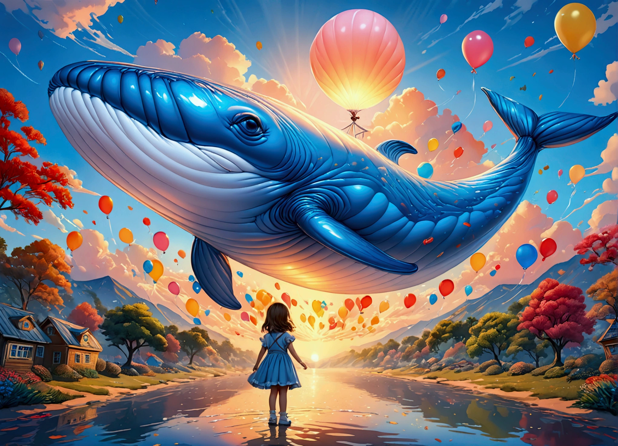 a digital paining of  balloon in the shape of a blue whale being held by cute kindergarten girl, High Contrast, (masterpiece:1.5), highest quality, Best aesthetics), 16K fantasy art, best details, best quality, highres, (ultra wide angle: 1.2), 16k, [ultra detailed], masterpiece, best quality, (extremely detailed), magical sky, digital painting