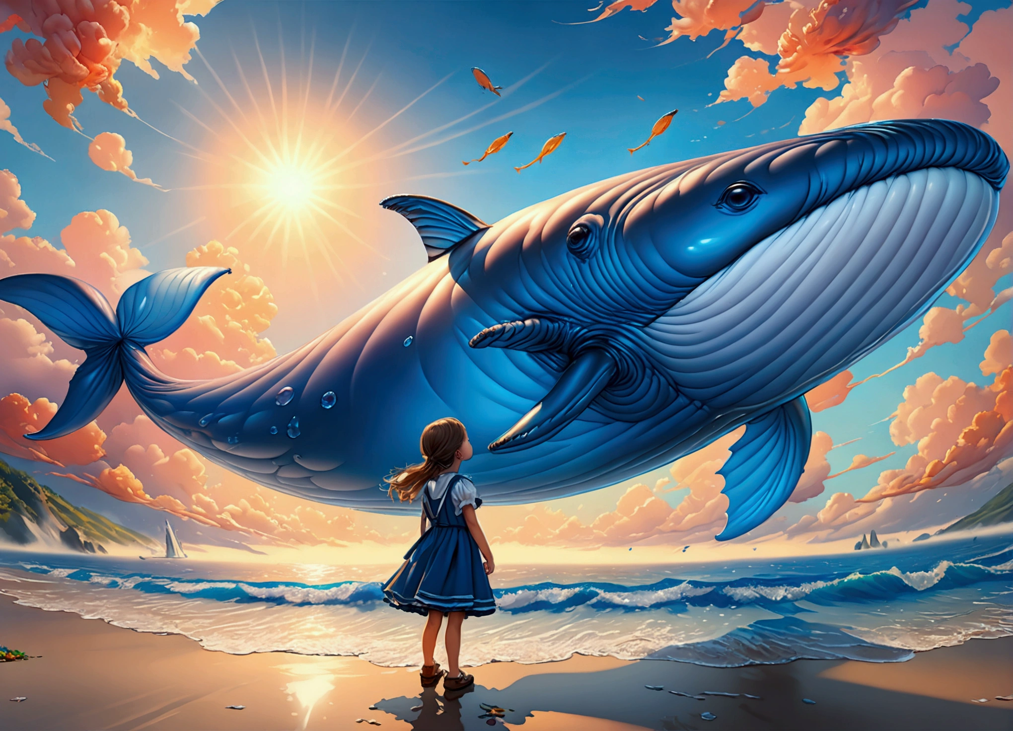 una pintura digital de un globo en forma de ballena azul sostenida por una linda niña de jardín de infantes, alto contraste, (obra maestra:1.5), de la máxima calidad, Mejor estetica), arte de fantasía 16k, mejores detalles, mejor calidad, alta resolución, (Ultra gran angular: 1.2), 16k, [ultra detallado], obra maestra, mejor calidad, (extremadamente detallado), cielo mágico, pintura digital