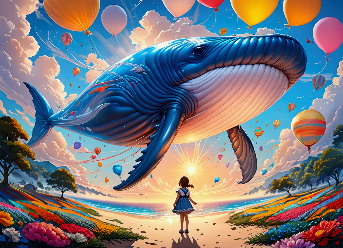 a digital paining of  balloon in the shape of a blue whale being held by cute kindergarten girl, High Contrast, (masterpiece:1.5), highest quality, Best aesthetics), 16K fantasy art, best details, best quality, highres, (ultra wide angle: 1.2), 16k, [ultra detailed], masterpiece, best quality, (extremely detailed), magical sky, digital painting