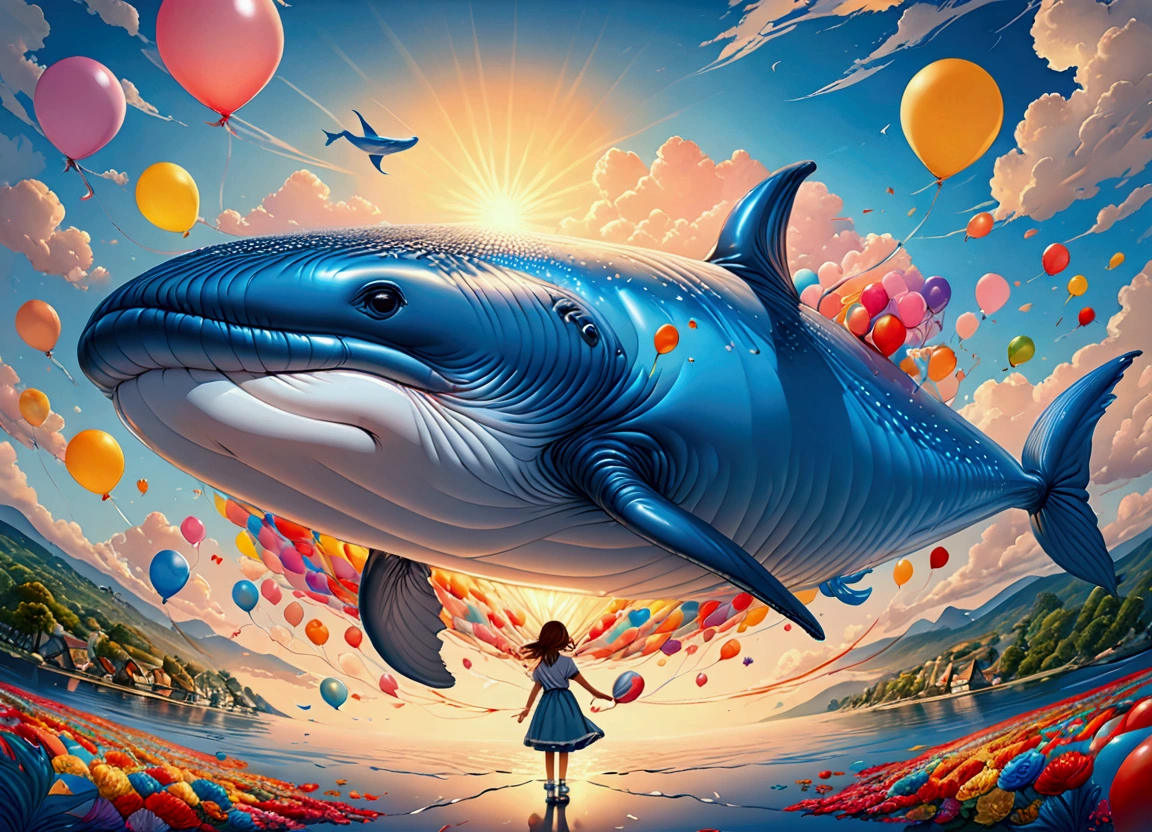 a digital paining of  balloon in the shape of a blue whale being held by cute kindergarten girl, High Contrast, (masterpiece:1.5), highest quality, Best aesthetics), 16K fantasy art, best details, best quality, highres, (ultra wide angle: 1.2), 16k, [ultra detailed], masterpiece, best quality, (extremely detailed), magical sky, digital painting