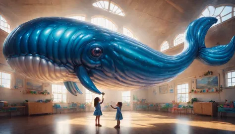 a digital paining of  (balloon in the shape of blue whale) ((being held by a cute kindergarten girl)), High Contrast, (masterpie...