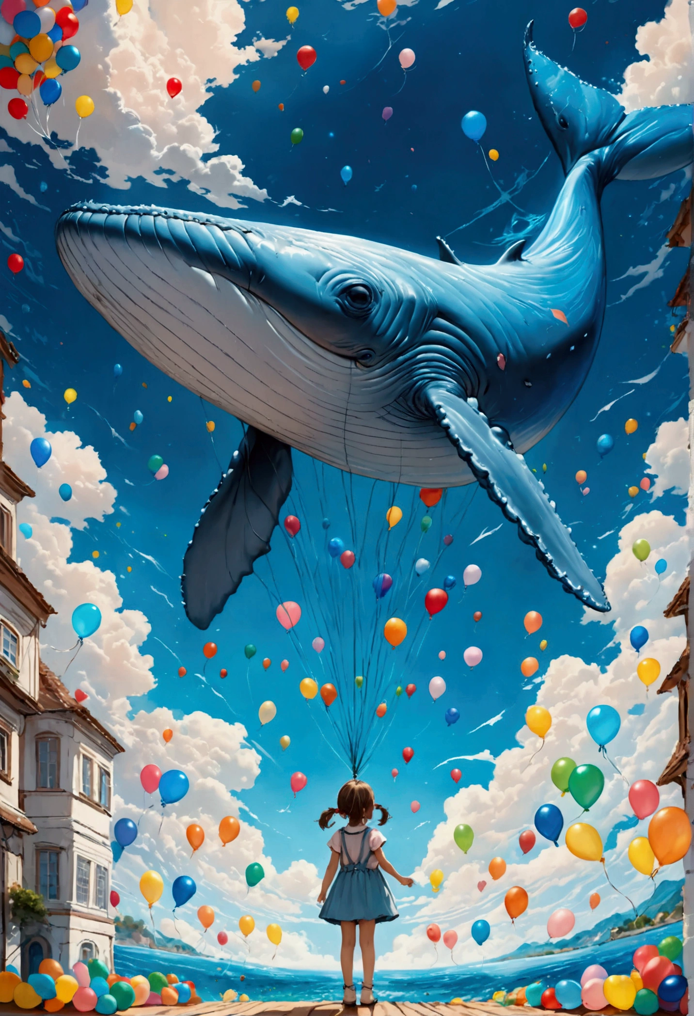 Una pintura digital de un globo con forma de ballena azul sostenido por una linda niña de jardín de infantes., alto contraste, (obra maestra:1.5), de la máxima calidad, Mejor estetica), arte de fantasía 16k, mejores detalles, mejor calidad, alta resolución, (Ultra gran angular: 1.2), 16k, [ultra detallado], obra maestra, mejor calidad, (extremadamente detallado), cielo mágico, pintura digital