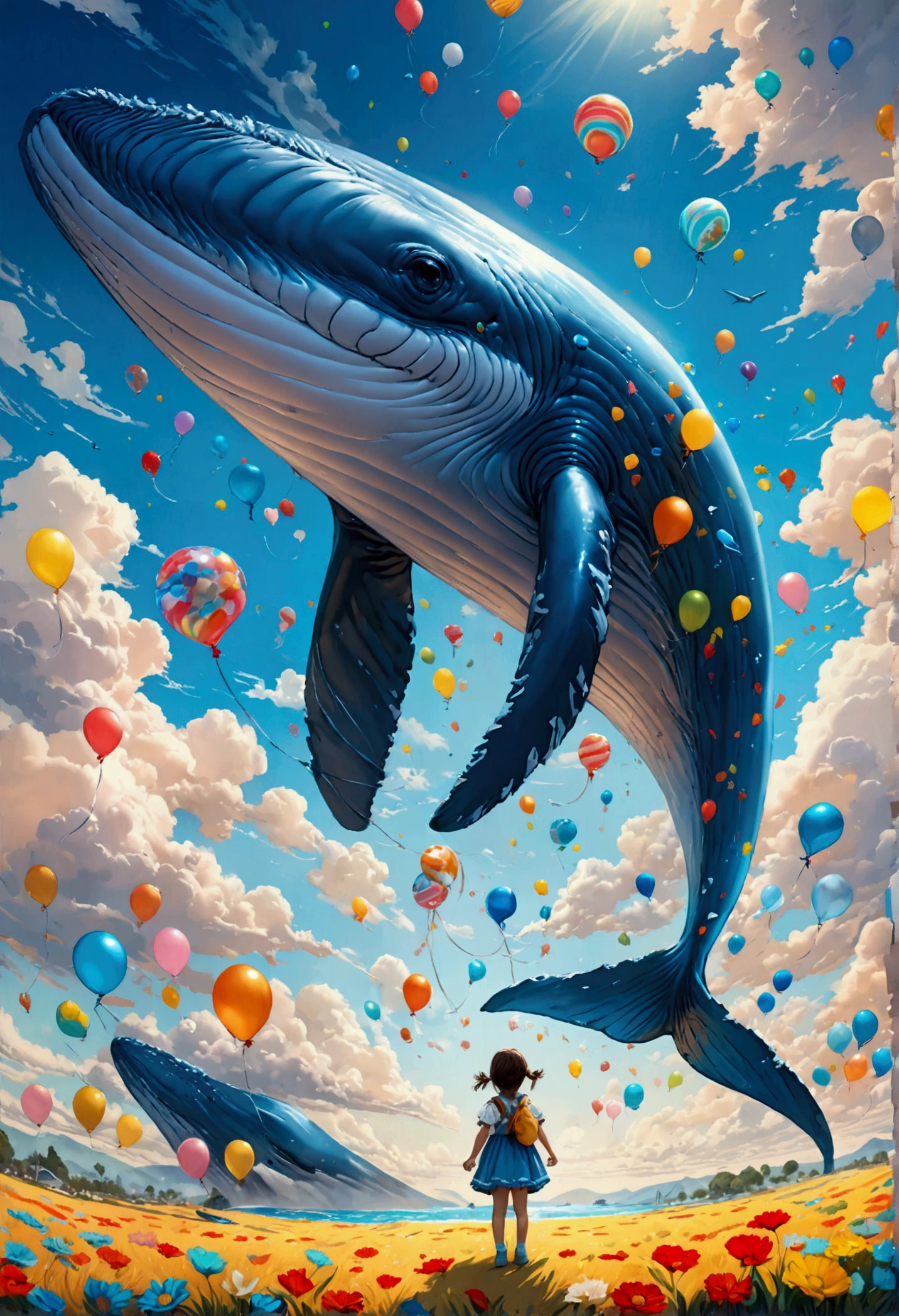 une peinture numérique d&#39;un ballon en forme de baleine bleue détenue par une jolie fille de la maternelle, Contraste élevé, (chef-d&#39;œuvre:1.5), la plus haute qualité, Meilleure esthétique), Art fantastique 16K, meilleurs détails, Meilleure qualité, haute résolution, (ultra grand angle: 1.2), 16k, [ultra détaillé], chef-d&#39;œuvre, Meilleure qualité, (extrêmement détaillé), ciel magique, peinture numérique