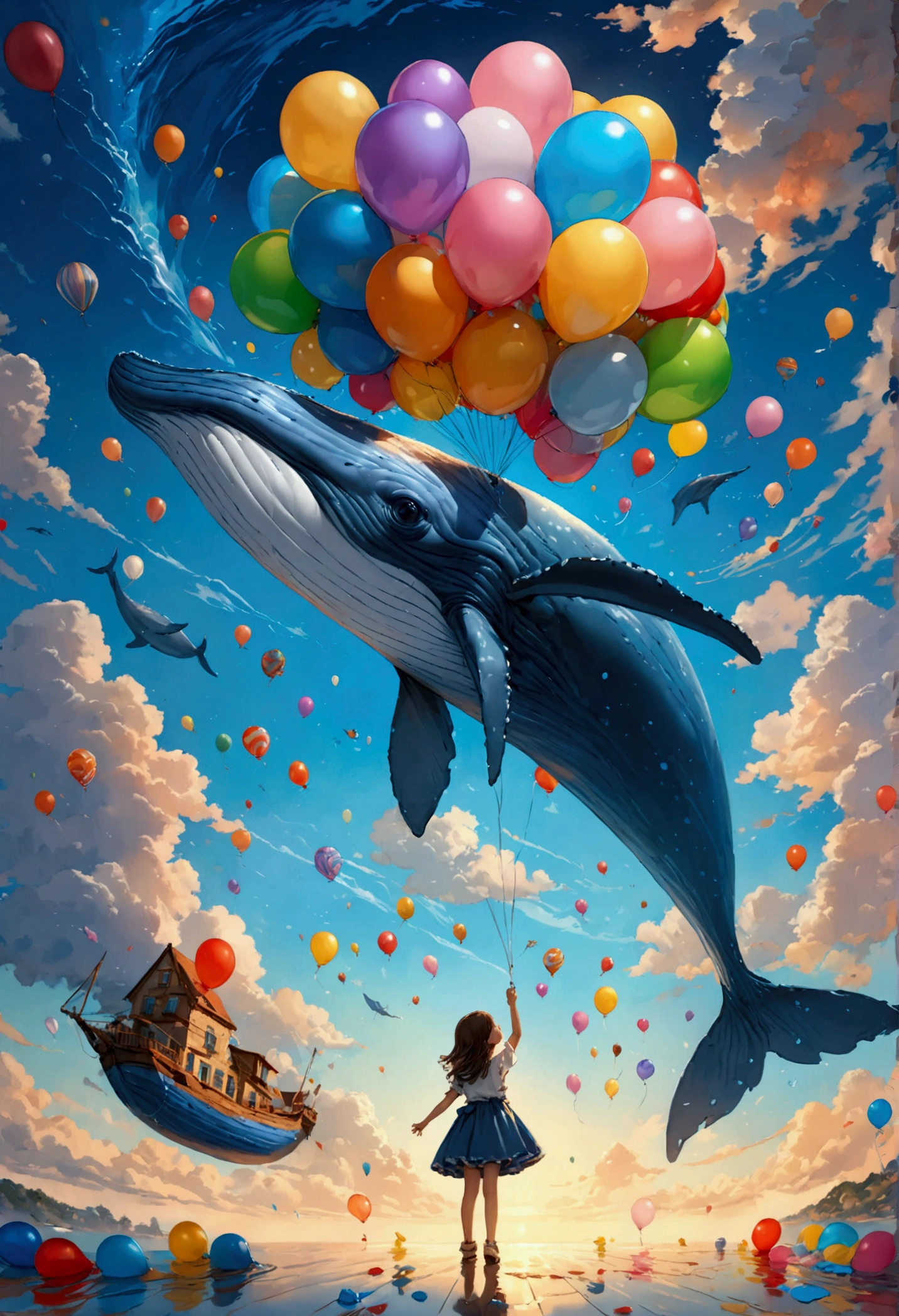 a digital paining of  balloon in the shape of blue whale being held by cute kindergarten girl, High Contrast, (masterpiece:1.5), highest quality, Best aesthetics), 16K fantasy art, best details, best quality, highres, (ultra wide angle: 1.2), 16k, [ultra detailed], masterpiece, best quality, (extremely detailed), magical sky, digital painting