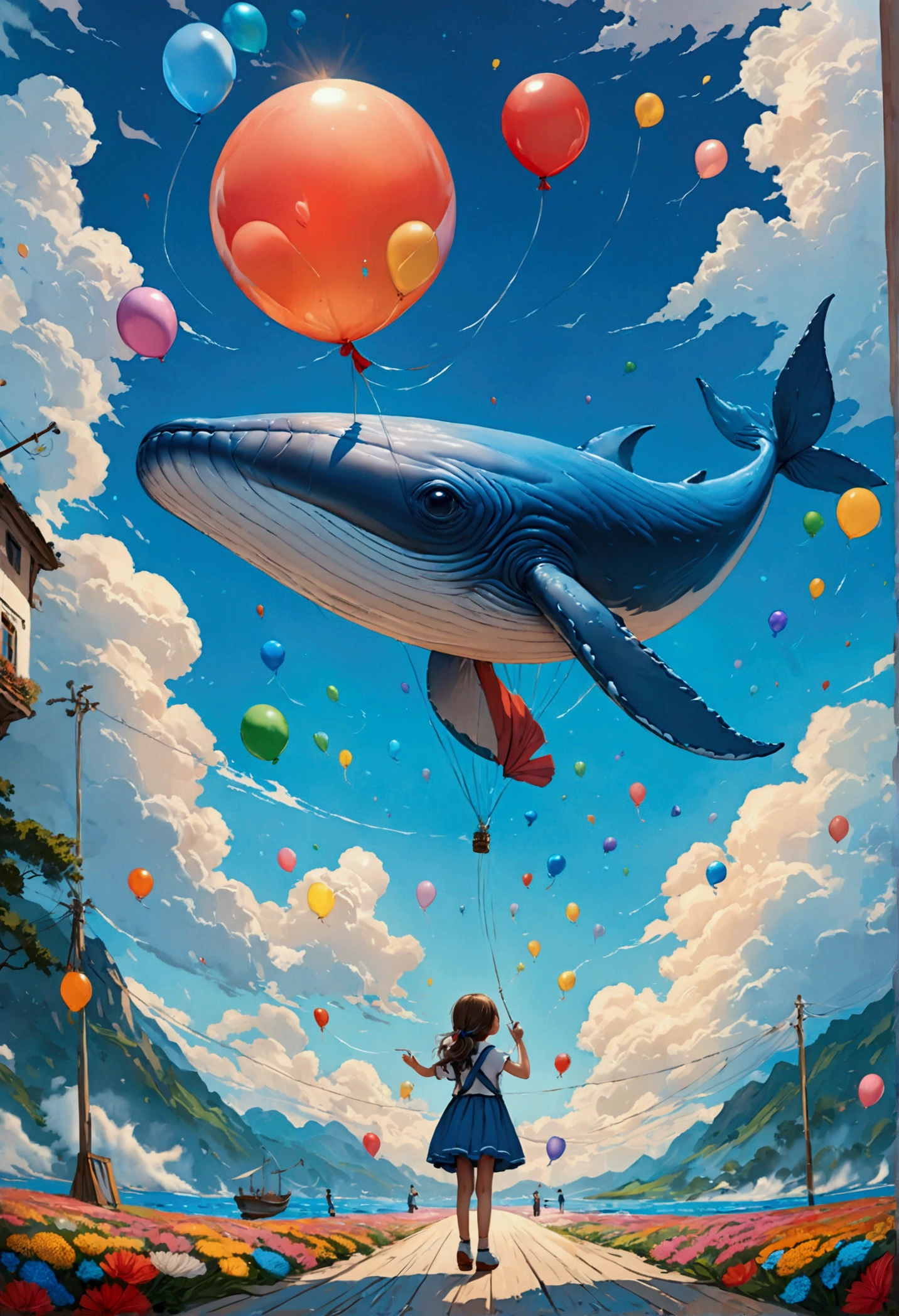 a digital paining of  balloon in the shape of blue whale being held by cute kindergarten girl, High Contrast, (masterpiece:1.5), highest quality, Best aesthetics), 16K fantasy art, best details, best quality, highres, (ultra wide angle: 1.2), 16k, [ultra detailed], masterpiece, best quality, (extremely detailed), magical sky, digital painting