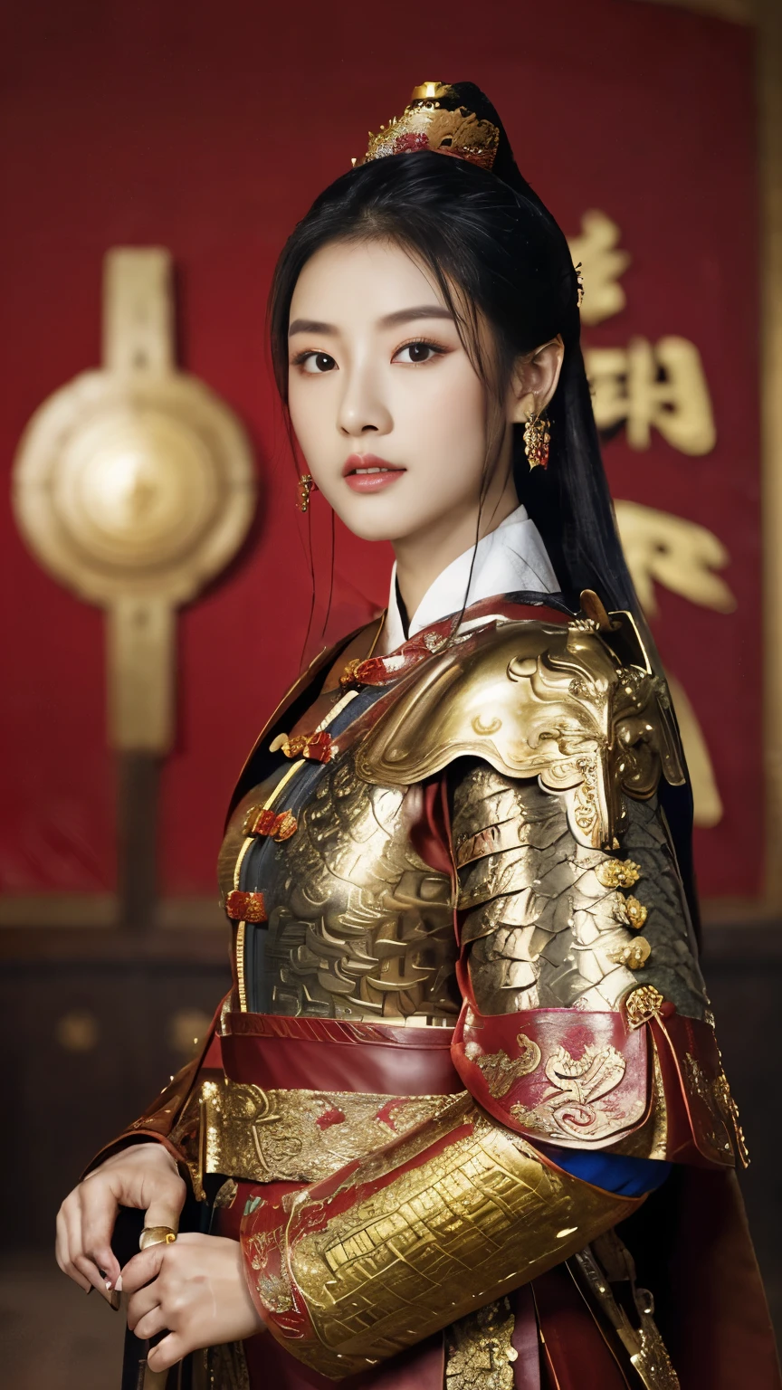 Front view, Full body, ancient Chinese girl, 2 century, looking at viewer, beautiful Chinese Young General, girl is 26 years old, (Highly detailed face, Black hair, middle hair ,Brown eye, Variegated eyes, Ordinary eyes, Tapered eyebrows, Fuller lips, little Lips, Silas), (ears decoration earring), (middle breasts, middle hip), (ancient Chinese costume, Red decoration leather armor emboss armor of dragon , leather inner clothes, put shoulder Red Cloak ), (holding a ancient Chinese Sword:1.3), standing in Chinese Palace, near Garden, sunset ,(masterpiece, Highest quality, masterpiece, God-like quality, Godly art, , Very realistic)