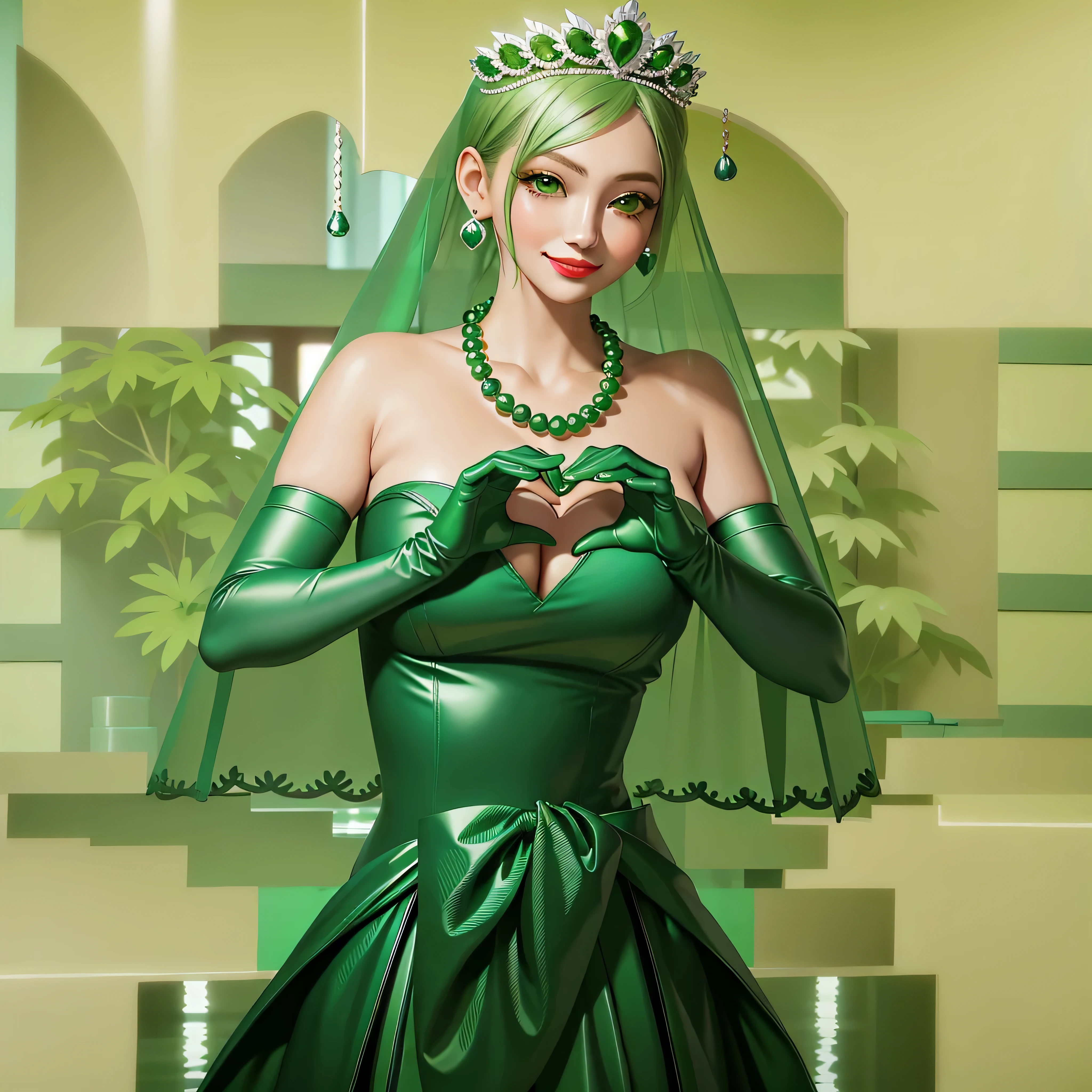 emerald tiara, Green Pearl Necklace, Boyish very short green hair, Green Lips, Smiling Japanese woman, Very short hair, Busty beautiful lady, Green Eyes, Green satin long gloves, Green Eyes, Emerald Earrings, Green veil, Heart with both hands, Green Hair, Beautiful Japanese Women, Heart shaped hands:1.3, green lip gloss