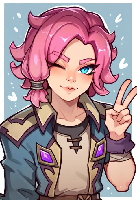 maeve from paladins, detail eyes, left eye closed, hand with peace symbol