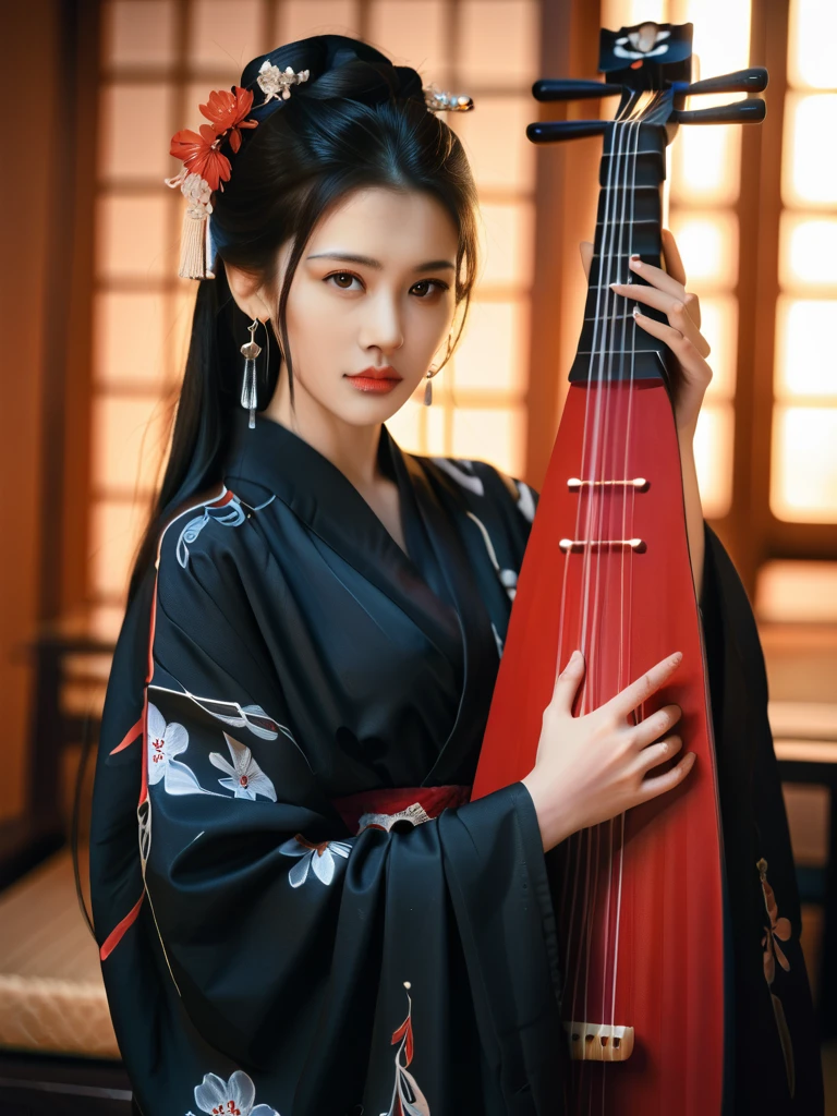 A woman in a black kimono with red accents,holding instrument, She has long dark hair adorned with flowers and earrings, looking at the viewer from an indoor setting with blurred background elements like furniture and decor.