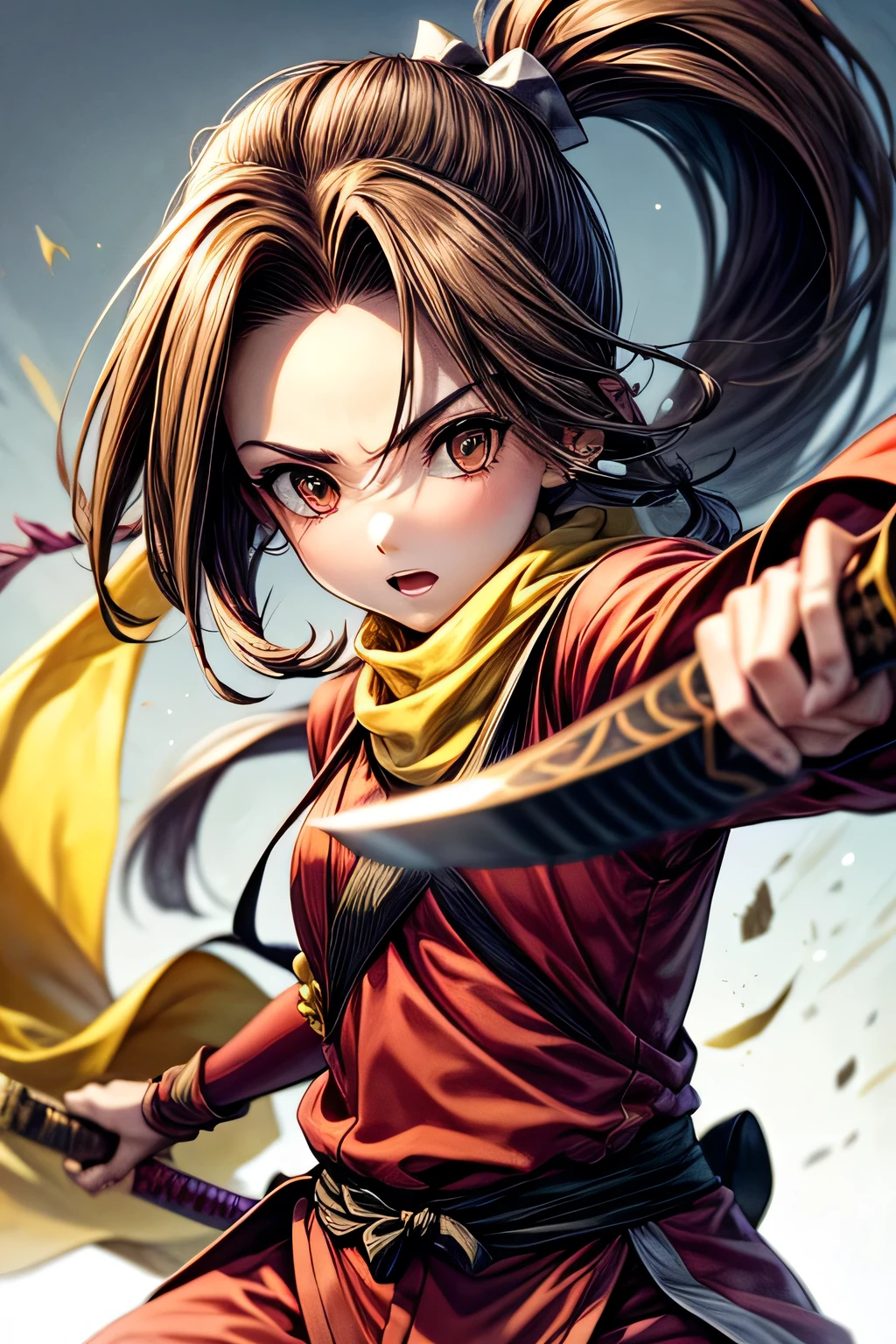 (masterpiece, best quality, ultra detailed), ((1girl)), brown hair, short katana, action pause, Fujibayashi Suzu, (red clothes), 6yo, pony tail, long hair, yellow scarf, dynamic pause,(((skelton))), battle between girl and monster,kunoichi,