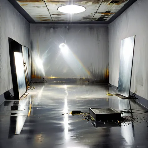 A gray studio background a light lighting in the center, mercury spilled on the floor, metal, steel and glitch