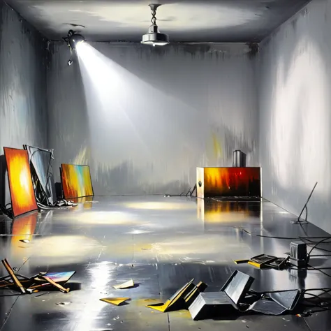 A gray studio background a light lighting in the center, mercury spilled on the floor, metal, steel and glitch