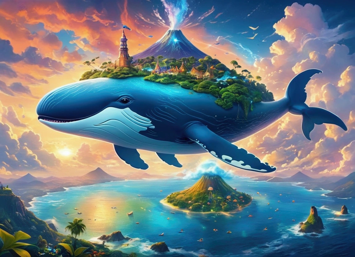 Island in the sea，Fairy tale world，There is a Flying Whale on the volcano，Neverland，Colorful Clouds