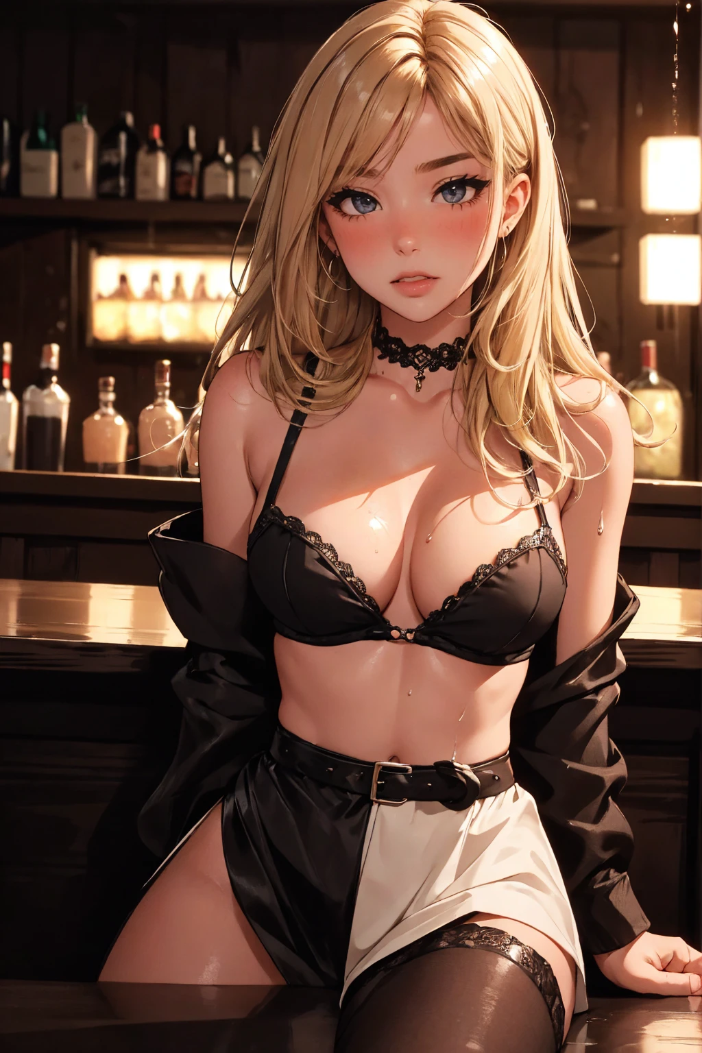 girl at a nightclub sitting at bar, eyeliner (masterpiece) (best quality) (detailed) (8k) (HDR) (wallpaper) (cinematic lighting) (sharp focus) (intricate), wavy blonde hair, dark roots, biting lip, medium hair, slutty outfit, sexy, blush, aroused, cleavage, shiny , wet skin, girl, dark makeup, athletic body, 