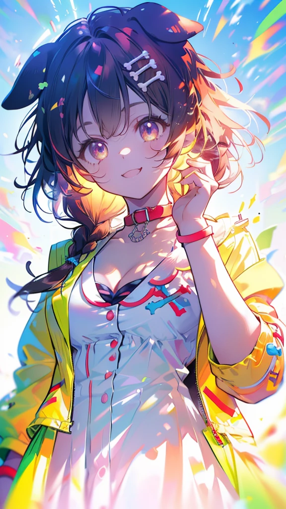 (Ultra-high resolution,masterpiece, Attention to detail, Highest quality), 8k,(ik1, 1girl, white dress, yellow jacket, dog tail, animal collar, cleavage, medium breasts, Wristband, cartoon bone, hairclip),(Blessed,Captivating body、Ultra-detailed skin、Super beautiful eyes、Detailed Background),One girl、 (cheerful ,enjoy :1.5),