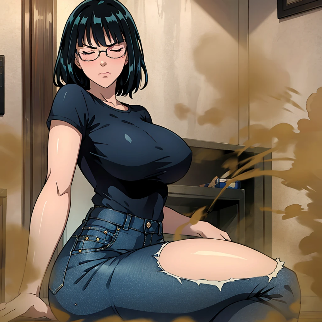 solo,1girl,black hair ,blues eyes ,tareme, hair bang, long hair,gleaming skin,glasses, oversized tshirt, blue jeans, massive fart, farting, blush, lifting ass, closed eyes, clenching teeth, alone in a room